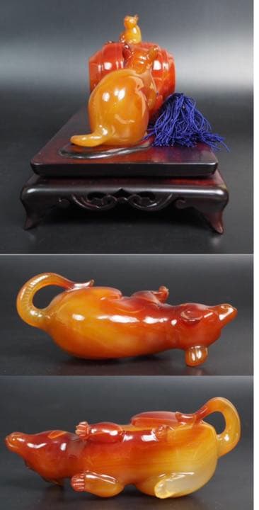 送料無料　名工土橋正市作　極上瑪瑙彫刻鼠置物 共箱・作歴・証明書　縁起物