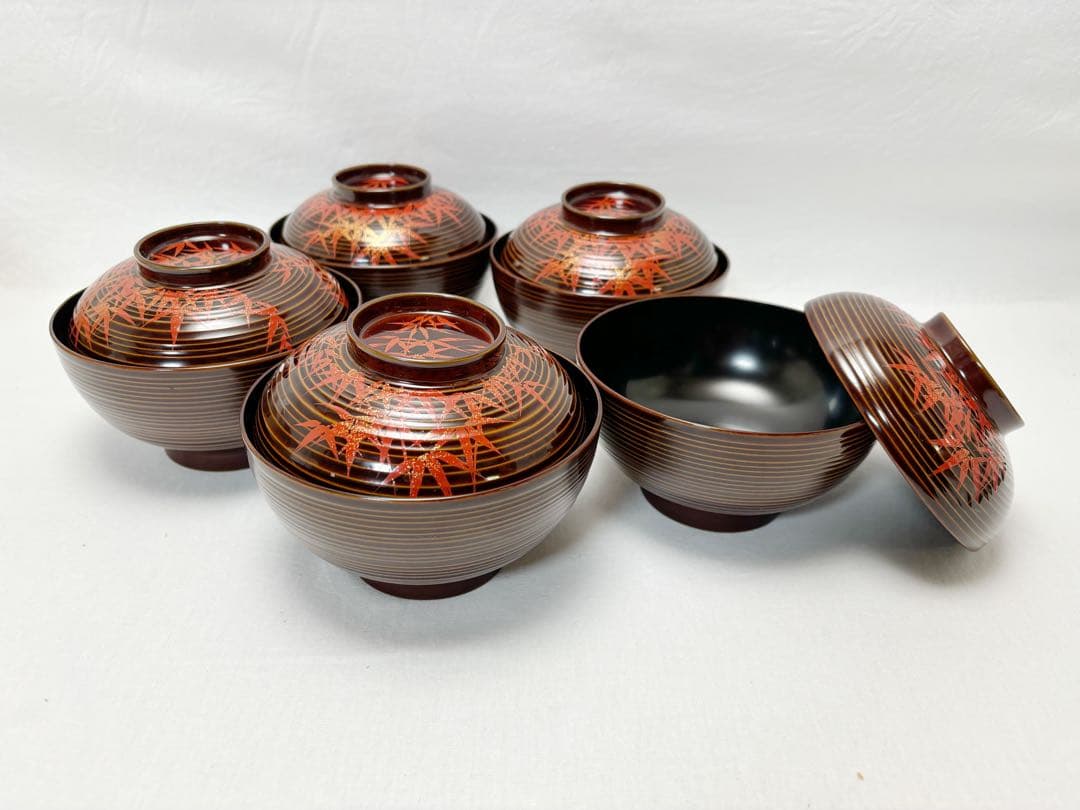 ほぼ未使用 懐石道具 張間麻佐緒作 輪島塗 木製朱竹蒔絵 煮物椀5客千筋共箱