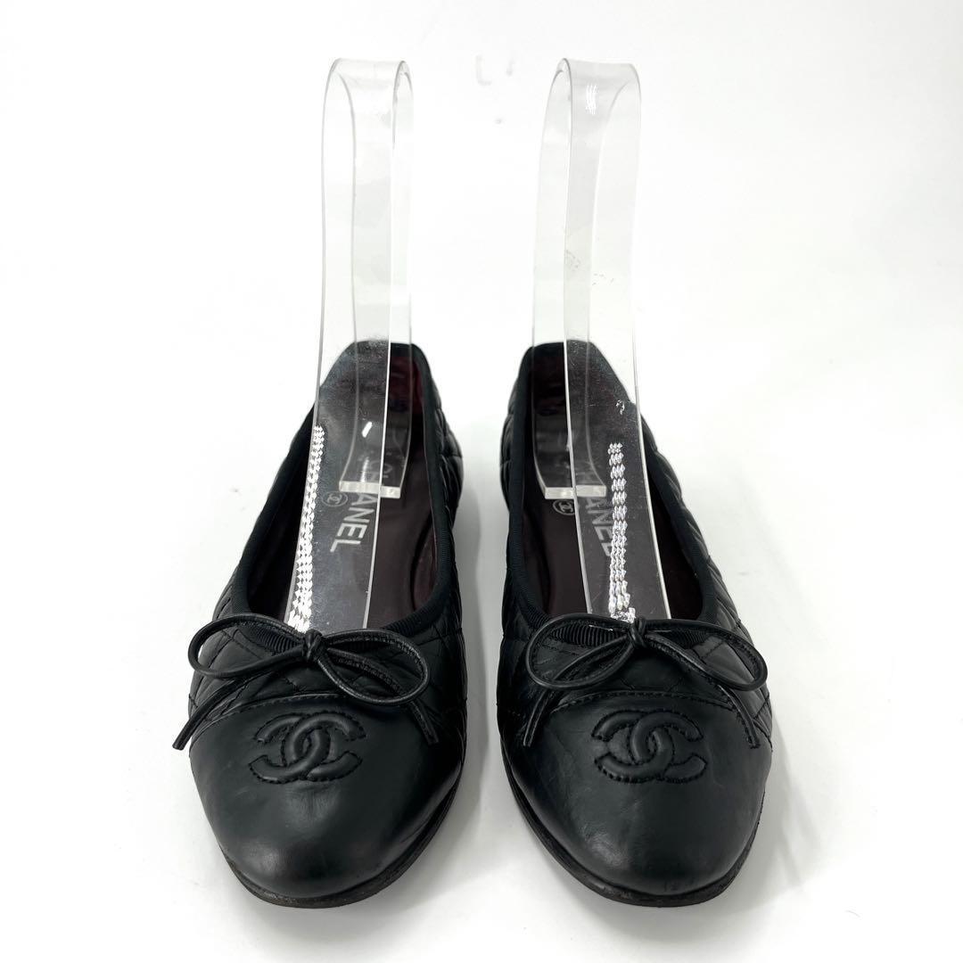 シャネル　フラットシューズ　ココマーク　マトラッセ　リボン　バレリーナ　35C