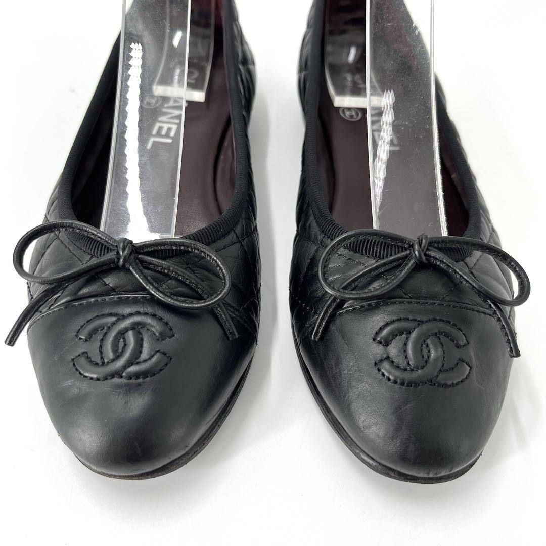 シャネル　フラットシューズ　ココマーク　マトラッセ　リボン　バレリーナ　35C