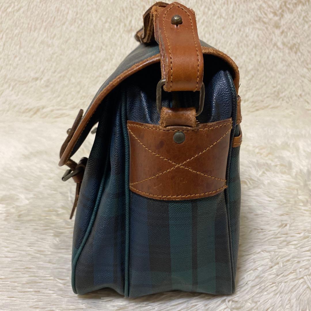 ポロ ラルフローレン メッセンジャーバッグ　グリーン　チェック　フラップ　レザー
