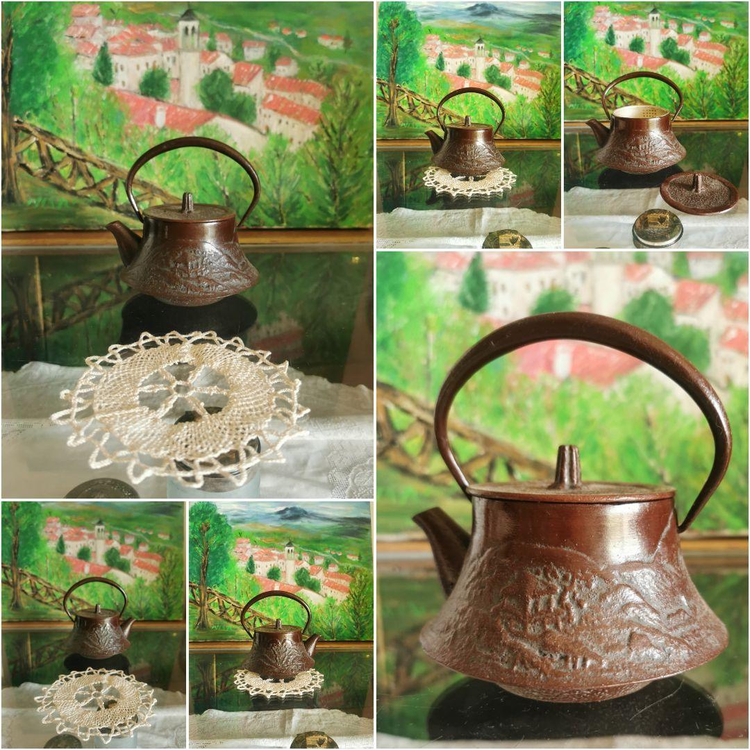 骨董 南部鉄瓶 急須 山と寺院境内 アンティークリネン ボビンレース編ドイリー付
