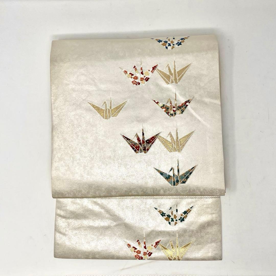 かなん様　［ 名古屋帯 ］正絹　薄いベージュ　折り鶴　鶴　工藝帯　着物