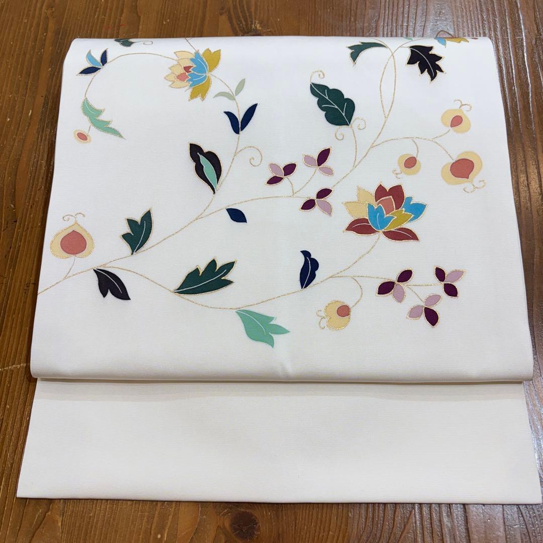 名古屋帯　塩瀬　白地に唐花　九寸名古屋帯　長さ374 仕立て上がり　o1583