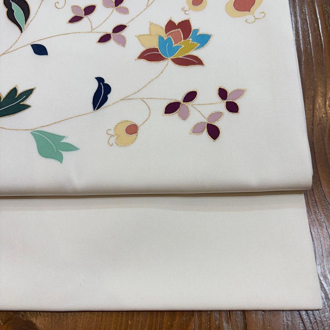 名古屋帯　塩瀬　白地に唐花　九寸名古屋帯　長さ374 仕立て上がり　o1583