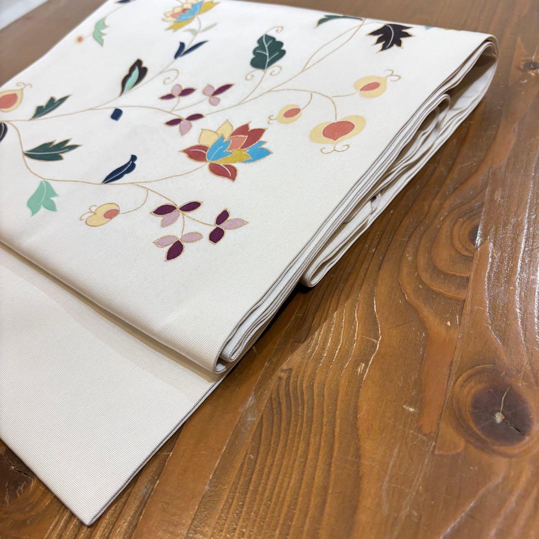 名古屋帯　塩瀬　白地に唐花　九寸名古屋帯　長さ374 仕立て上がり　o1583