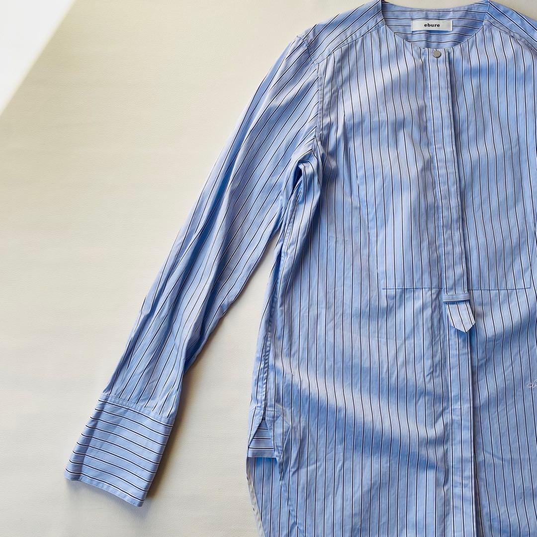 【美品】ebure　エブール　ストライプ長袖シャツ　バンドカラー　ロゴ刺繍