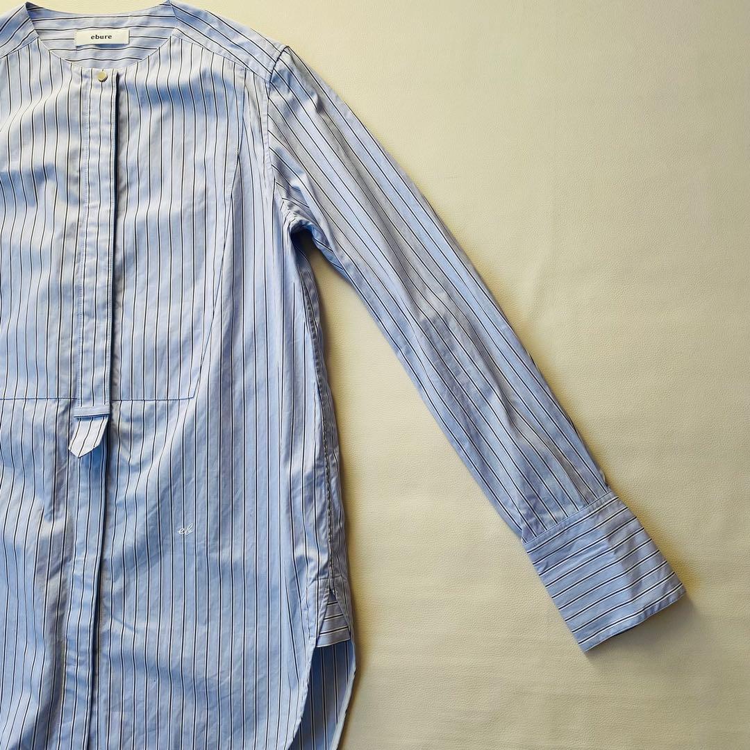 【美品】ebure　エブール　ストライプ長袖シャツ　バンドカラー　ロゴ刺繍