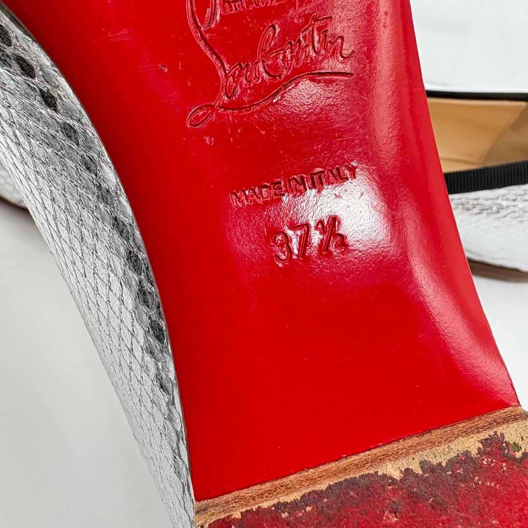 クリスチャンルブタン バレエシューズ 37.5 シルバー パイソン型押し リボン