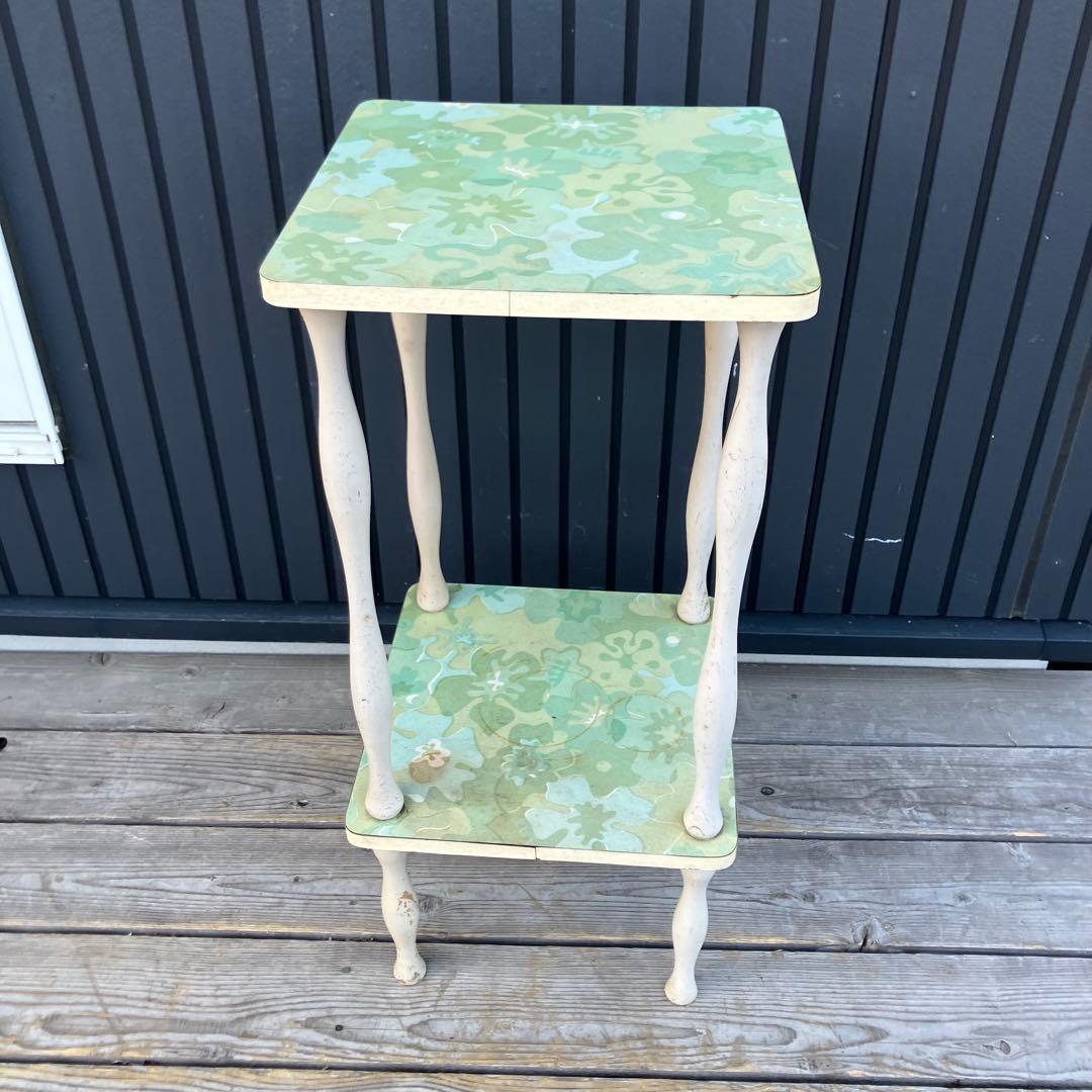 昭和レトロ ミッドセンチュリー 花柄2段木製ラック サイドテーブル 飾り棚 花台