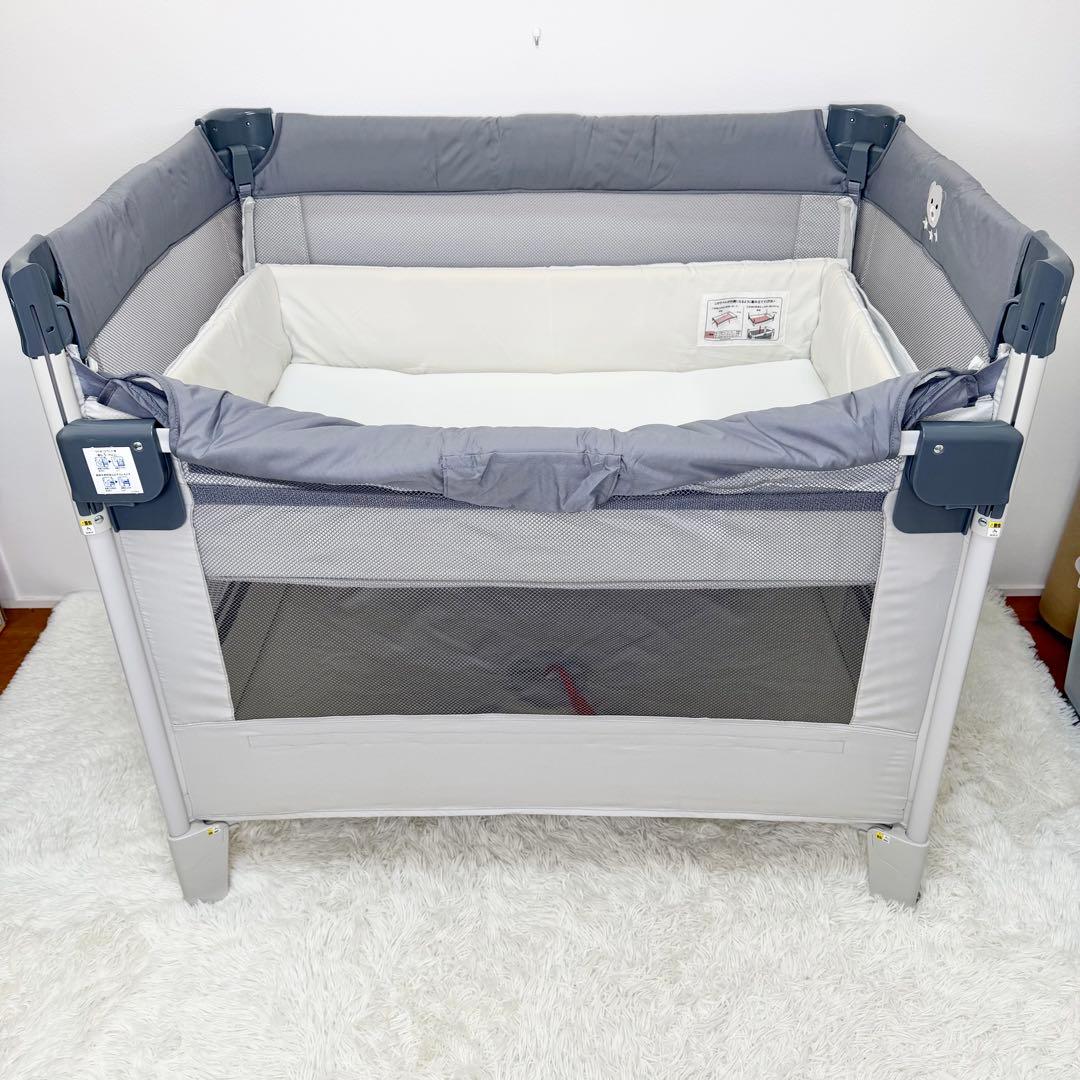 美品 Aprica ココネルエアーAB ベビーベッド 折りたたみ グレーベア