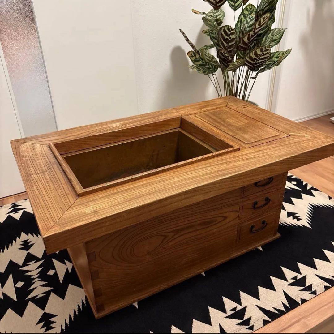 昭和レトロ　関西火鉢　長火鉢 銅製コンロ＆酒燗器　付き 古民家家具 天然木 無垢