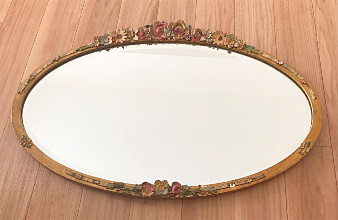 イギリスアンティーク☘️花装飾 壁掛けバーボラミラー オーバル型 英国鏡 送料込み