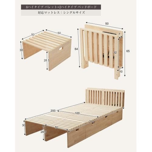 【 ハイタイプ】【パレットベッド×8枚+パベッドボード×2枚】パレットベッド 天