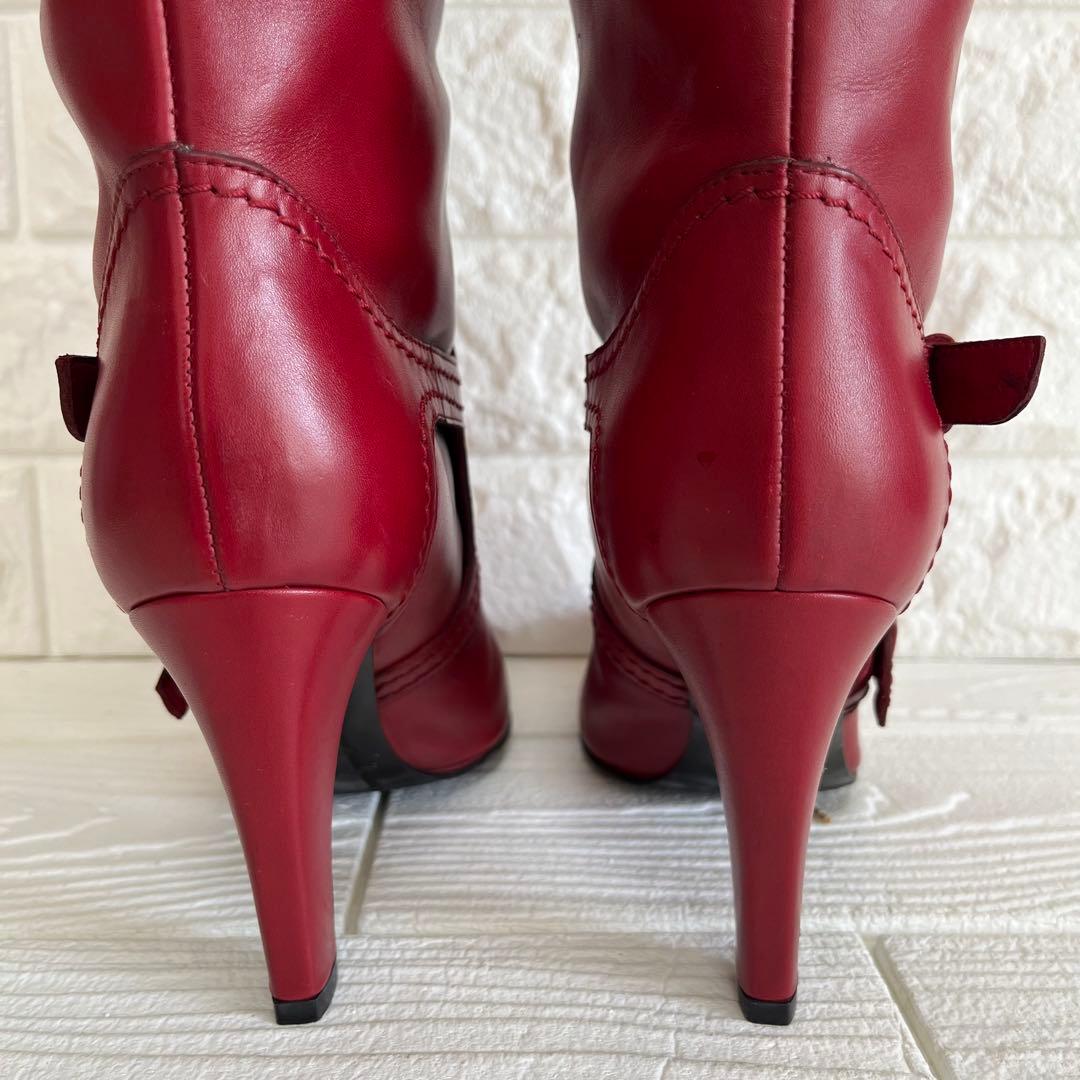 【極美品】Sergio rossiレッド 本革ロング ブーツ 22.5ベルト装飾