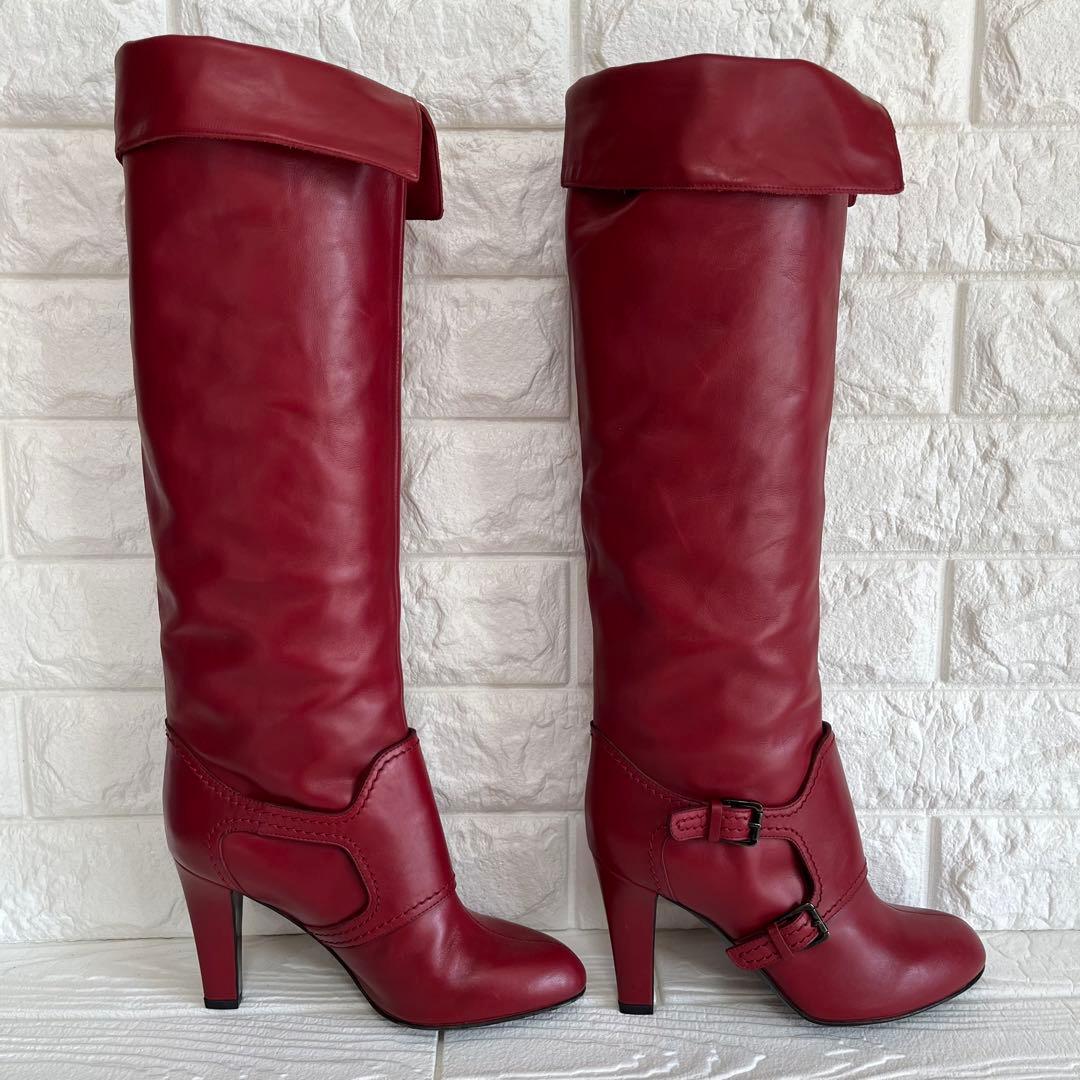 【極美品】Sergio rossiレッド 本革ロング ブーツ 22.5ベルト装飾