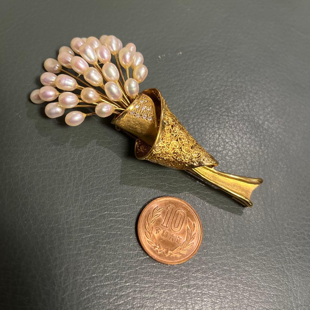 真珠の花束デザイン ゴールドブローチ　K18