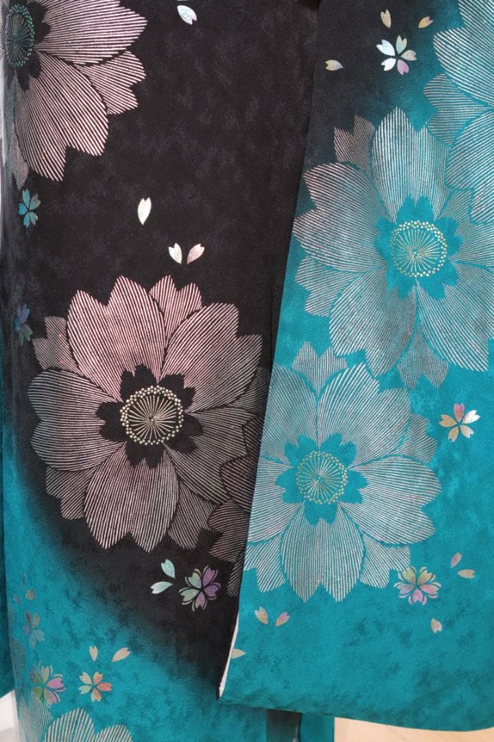 振袖フルセット ターコイズブルー×黒 粋 モダン 大輪花 成人式