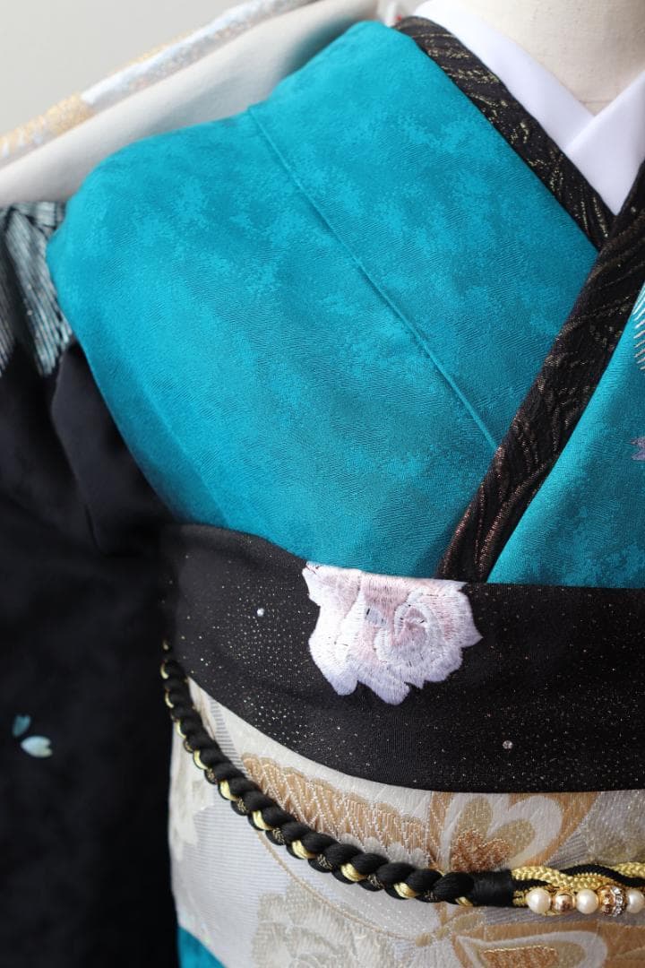 振袖フルセット ターコイズブルー×黒 粋 モダン 大輪花 成人式