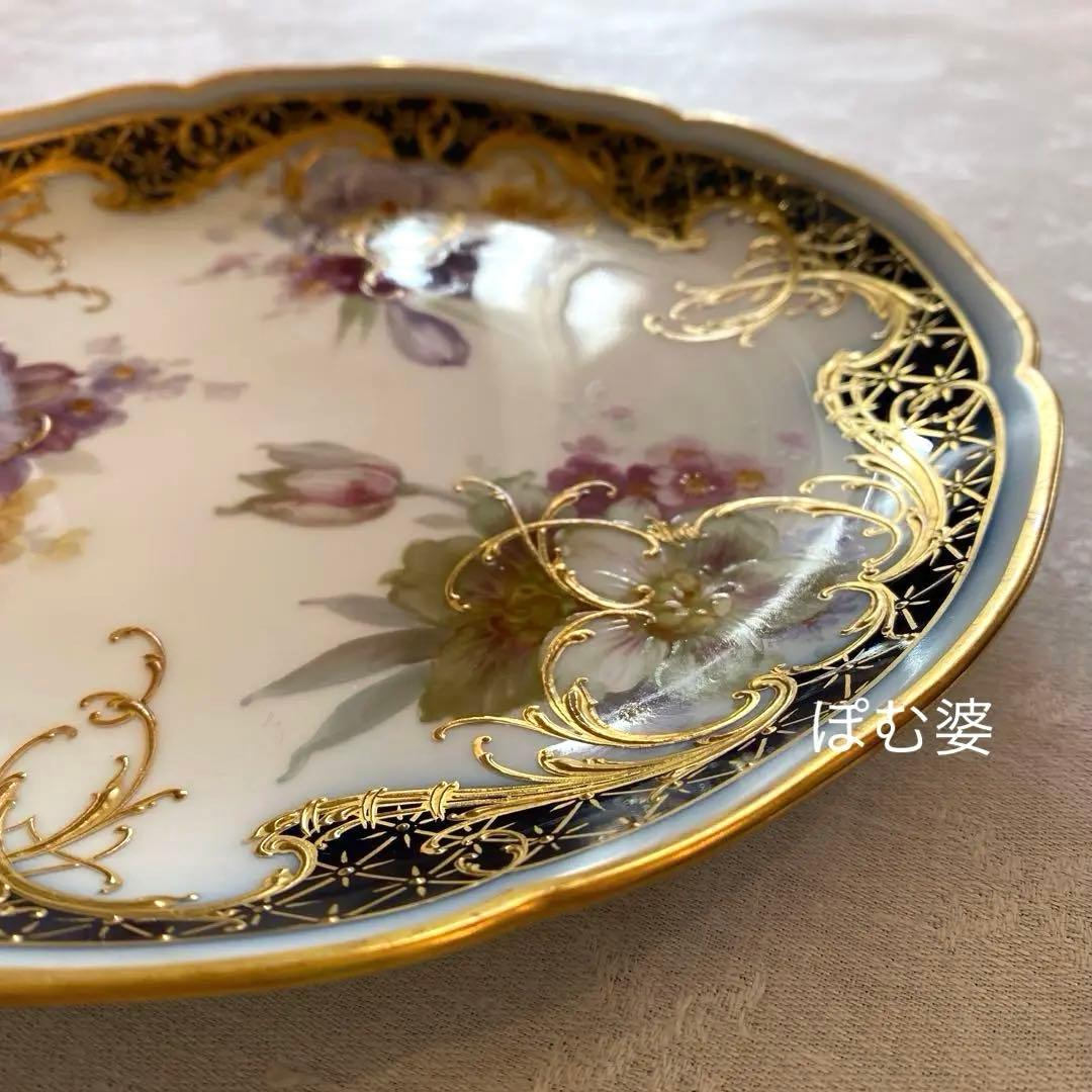【KPMベルリン】印象派 印象主義／コバルト 上金彩皿 プレート「三つの花」