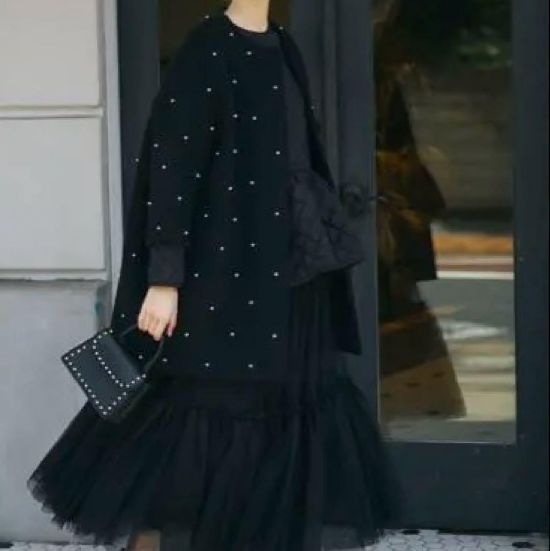 TSURU パールコート　マリコバイオイカワ　ノーカラー　ウールコート　黒コート