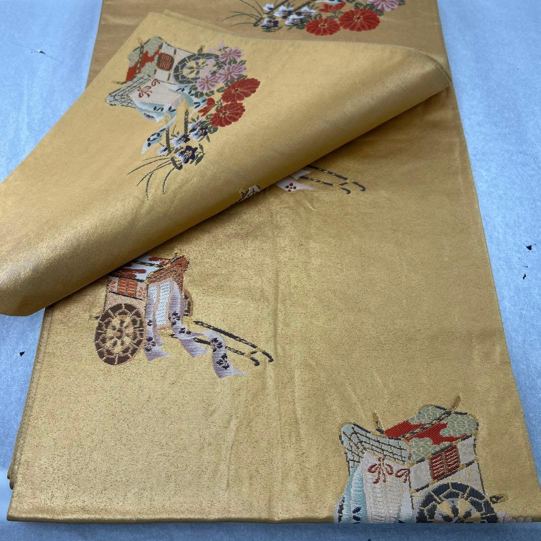 【本金箔 高級手織】金色 花車刺繍 正絹六通柄袋帯1224