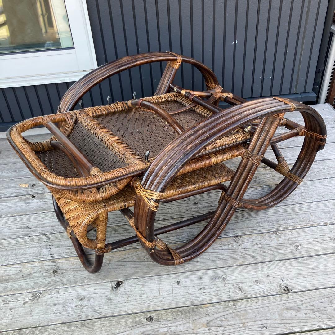 昭和レトロ ラタンリクライニングチェア 1人掛けソファー オットマン付き 籐家具