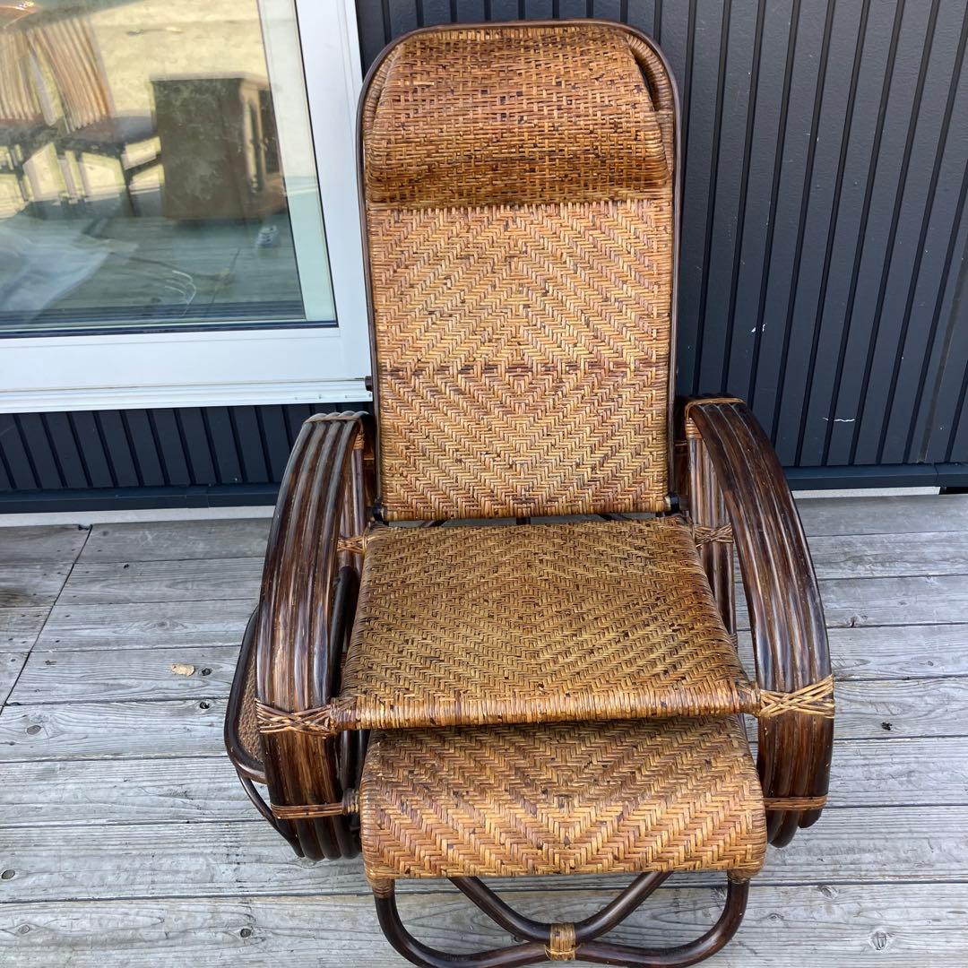 昭和レトロ ラタンリクライニングチェア 1人掛けソファー オットマン付き 籐家具