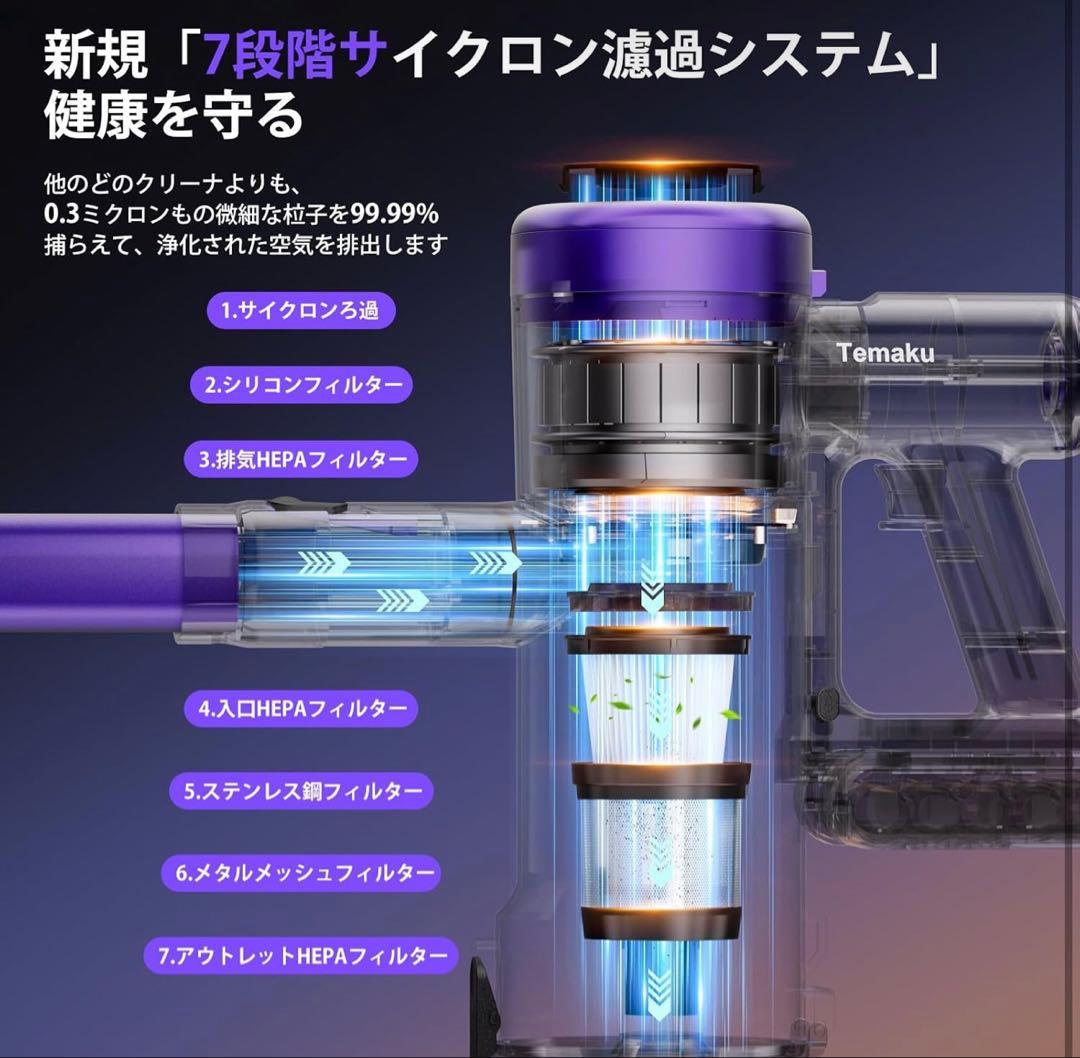 掃除機 コードレス　業界トップレベルの90KPa超強力吸引・65分連続稼働