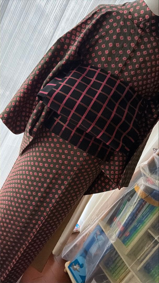 よし 正絹 小紋 着物 チョコブラウン×ピンク 総絞り 単品