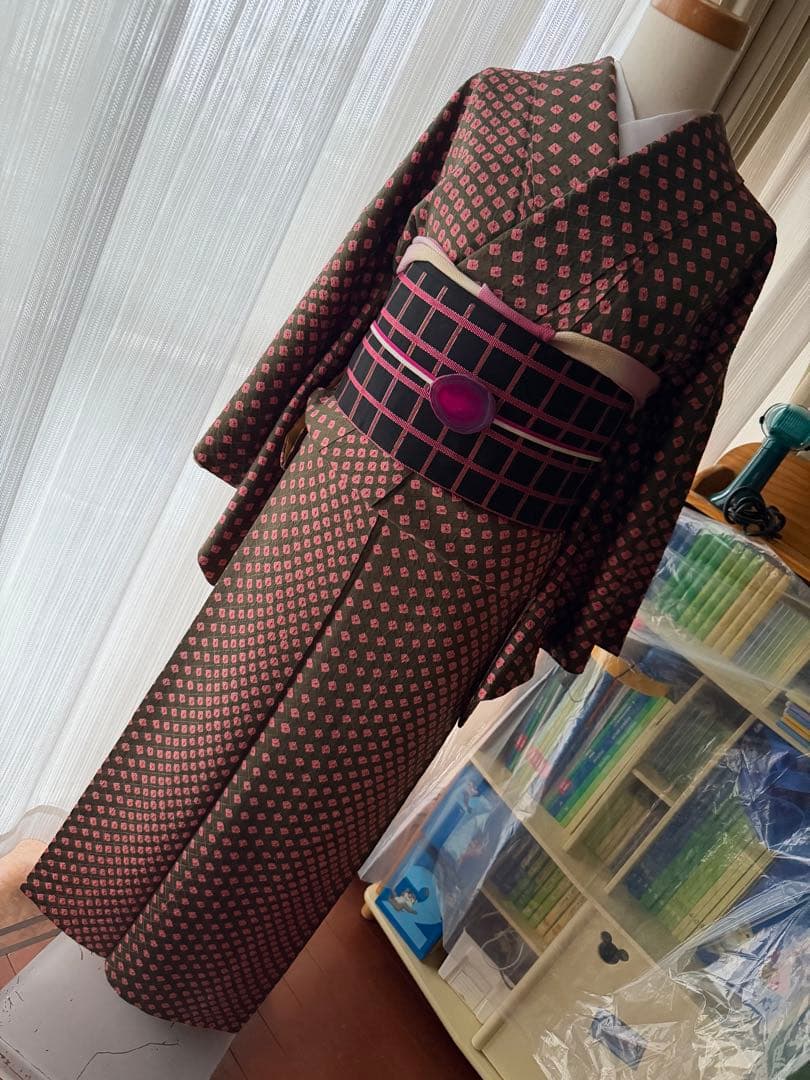 よし 正絹 小紋 着物 チョコブラウン×ピンク 総絞り 単品