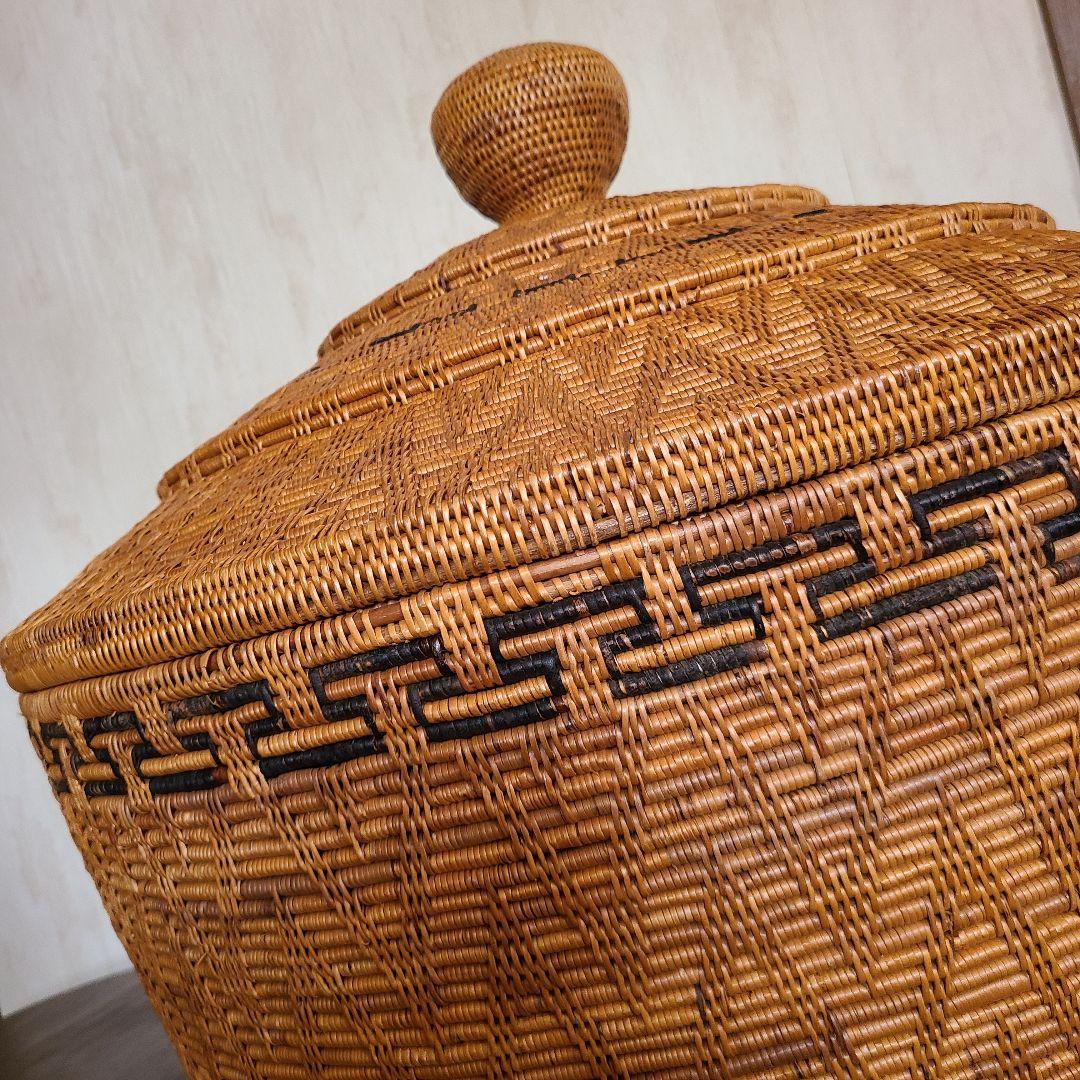 超特大　アタ製　蓋つき　バスケット　アジアン雑貨