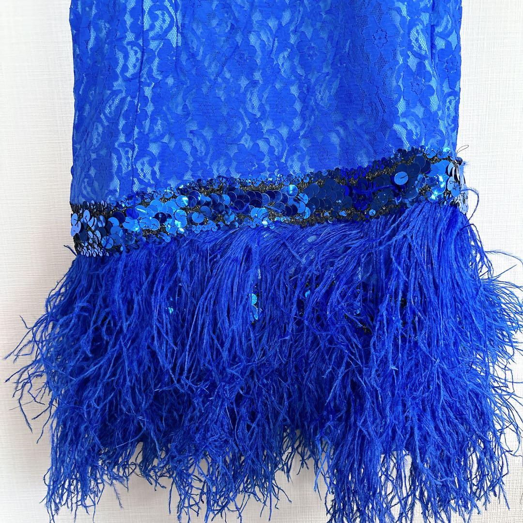 海外デザイン 社交ダンス ドレス ブルー フリンジ スパンコール レース装飾