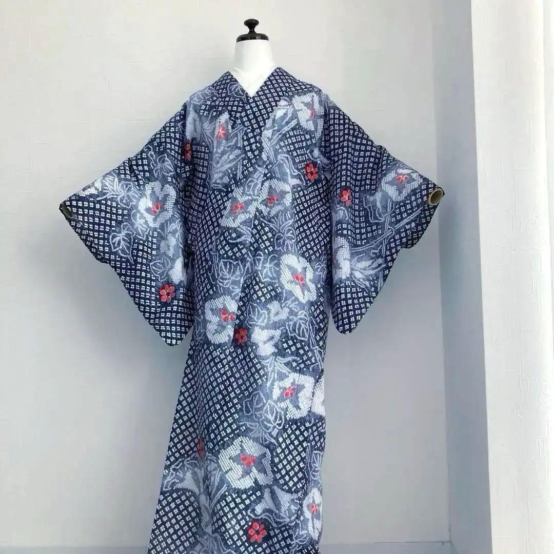 有松鳴海絞り　絞り浴衣　グレー　暈し　手縫い身丈162cm No.1-100