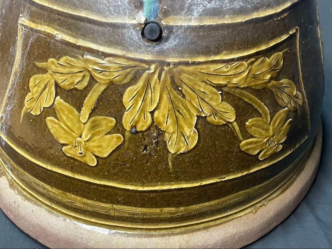 中国美術 睡蓮鉢 花鳥図 ピータン 金魚鉢 メダカ鉢 陶器 大型 楕円形