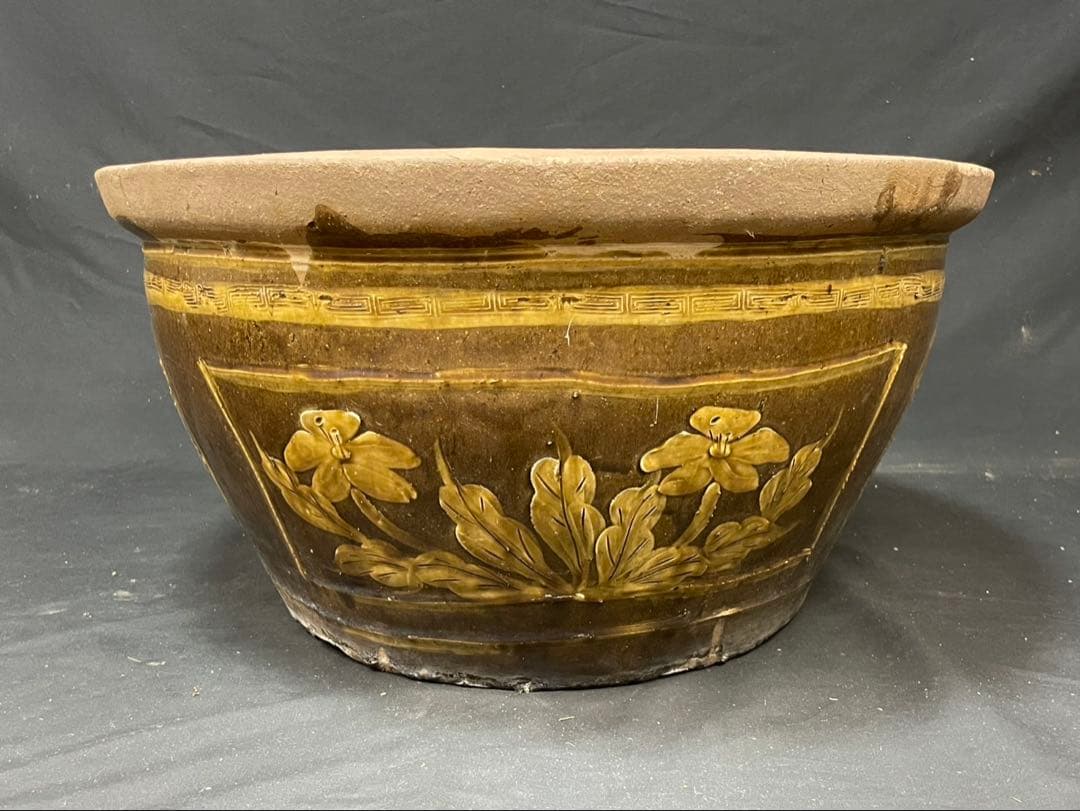 中国美術 睡蓮鉢 花鳥図 ピータン 金魚鉢 メダカ鉢 陶器 大型 楕円形