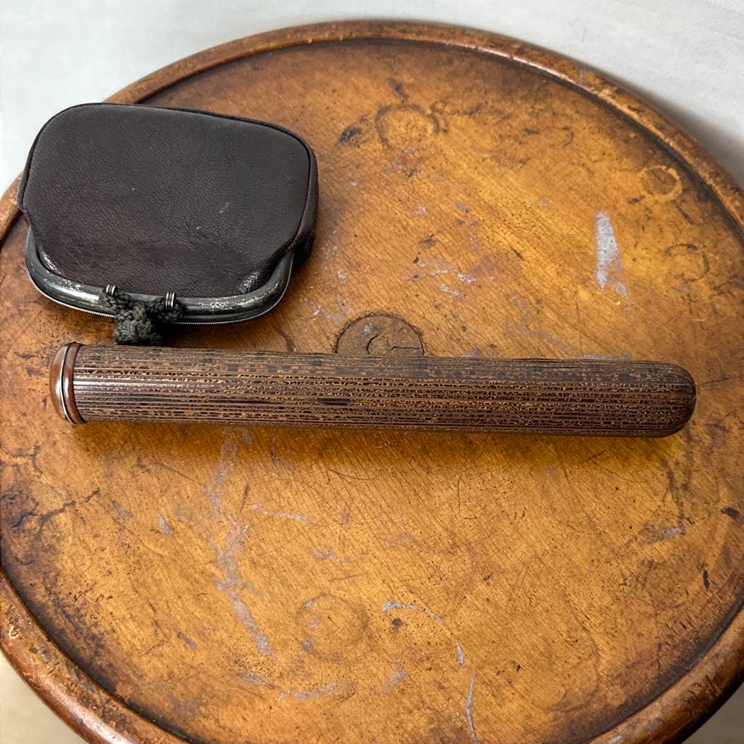 煙管筒 竹細工 相良刺繍 × レザー がま口巾着 骨董 煙草入 古美術