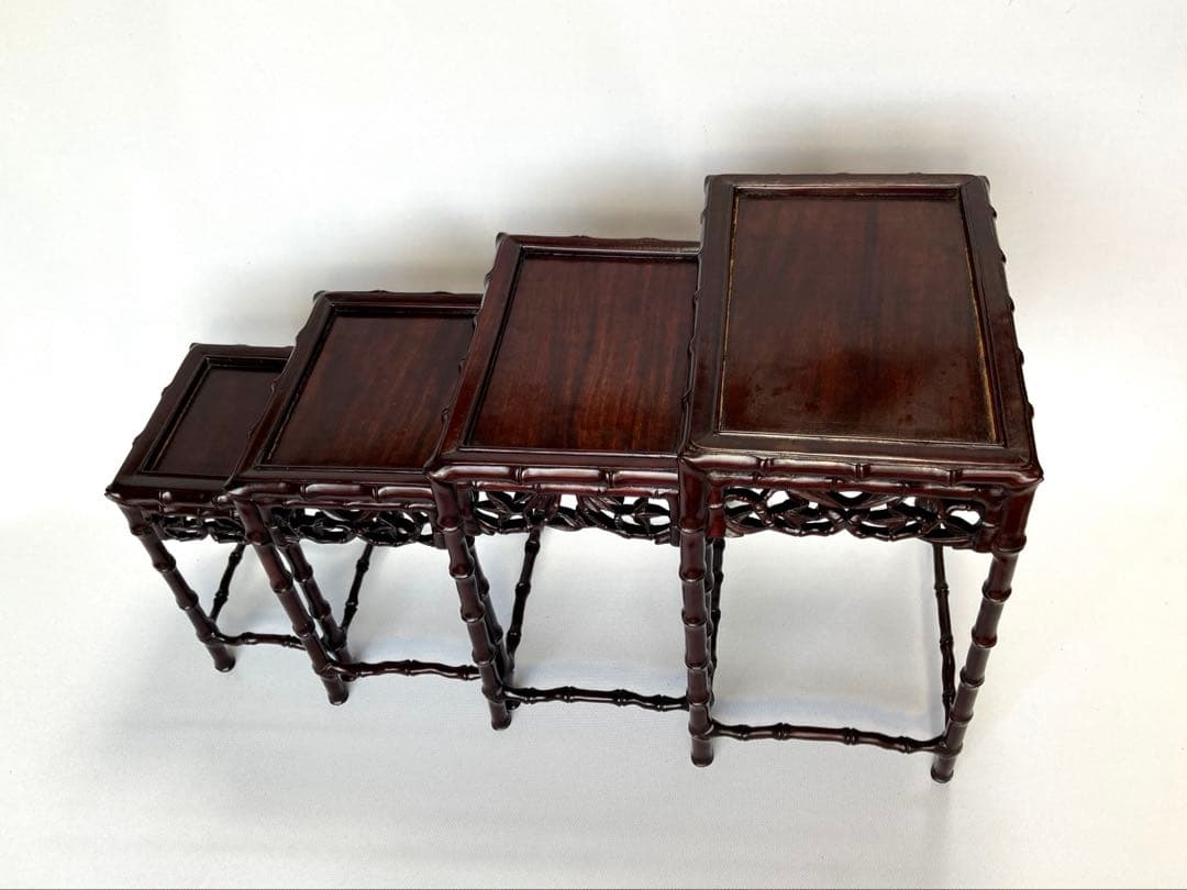 飾り台　4個組　盆栽台　花台　香炉台　茶華道具　木製　透かし彫り　GA3