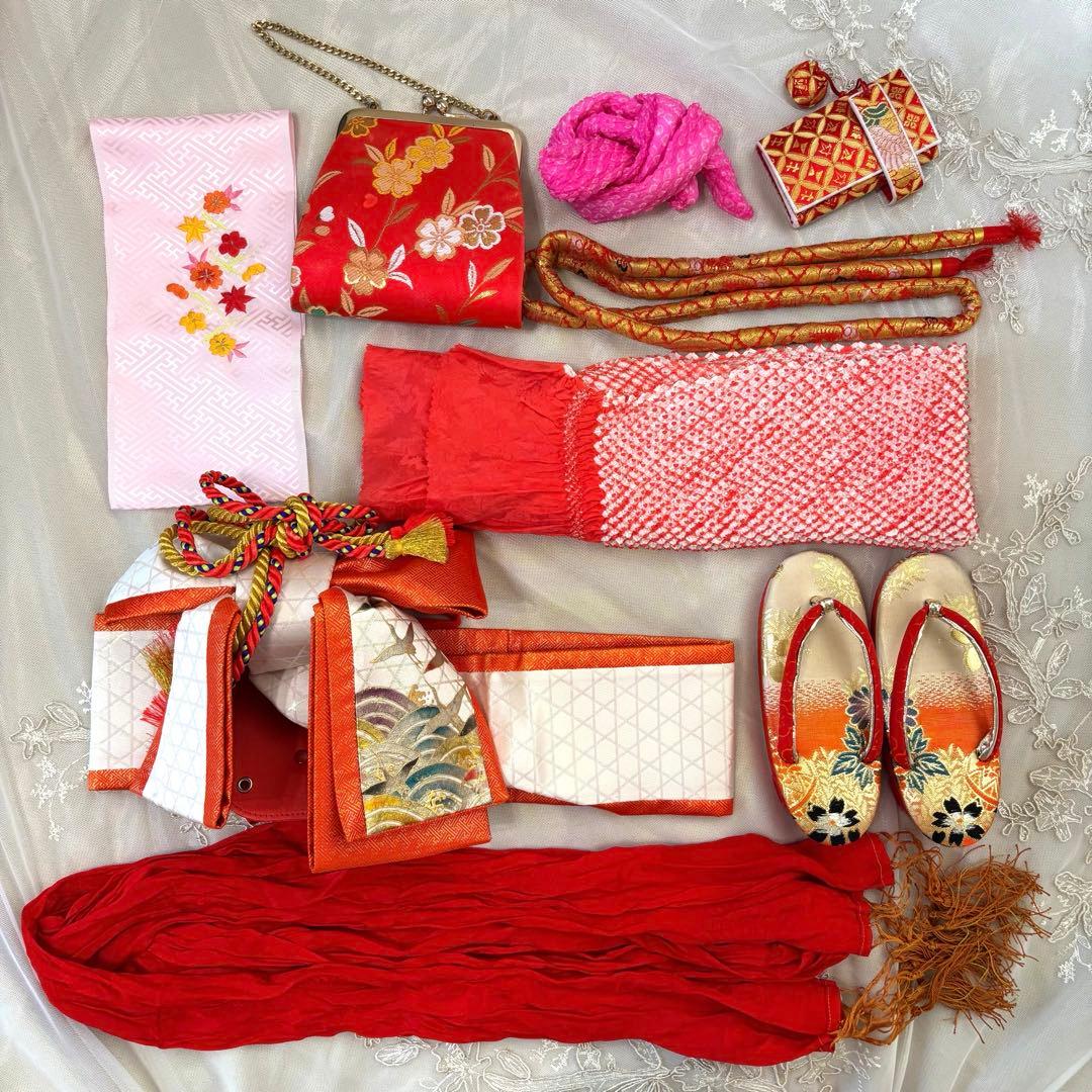 七五三直前割引【高級】お宮参り 七五三 3歳 着物セット 紅白 金駒刺繍 絞り