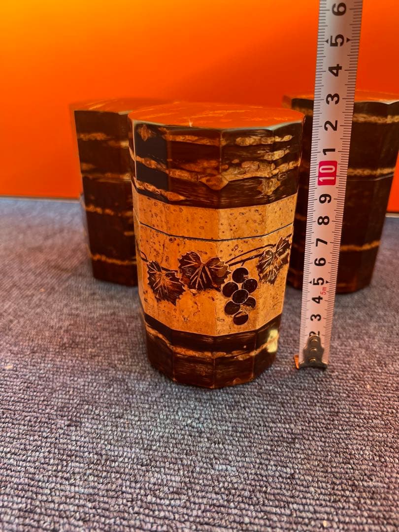 1239 桜皮細工 茶筒 3客　八角　木地　本けやき　未使用