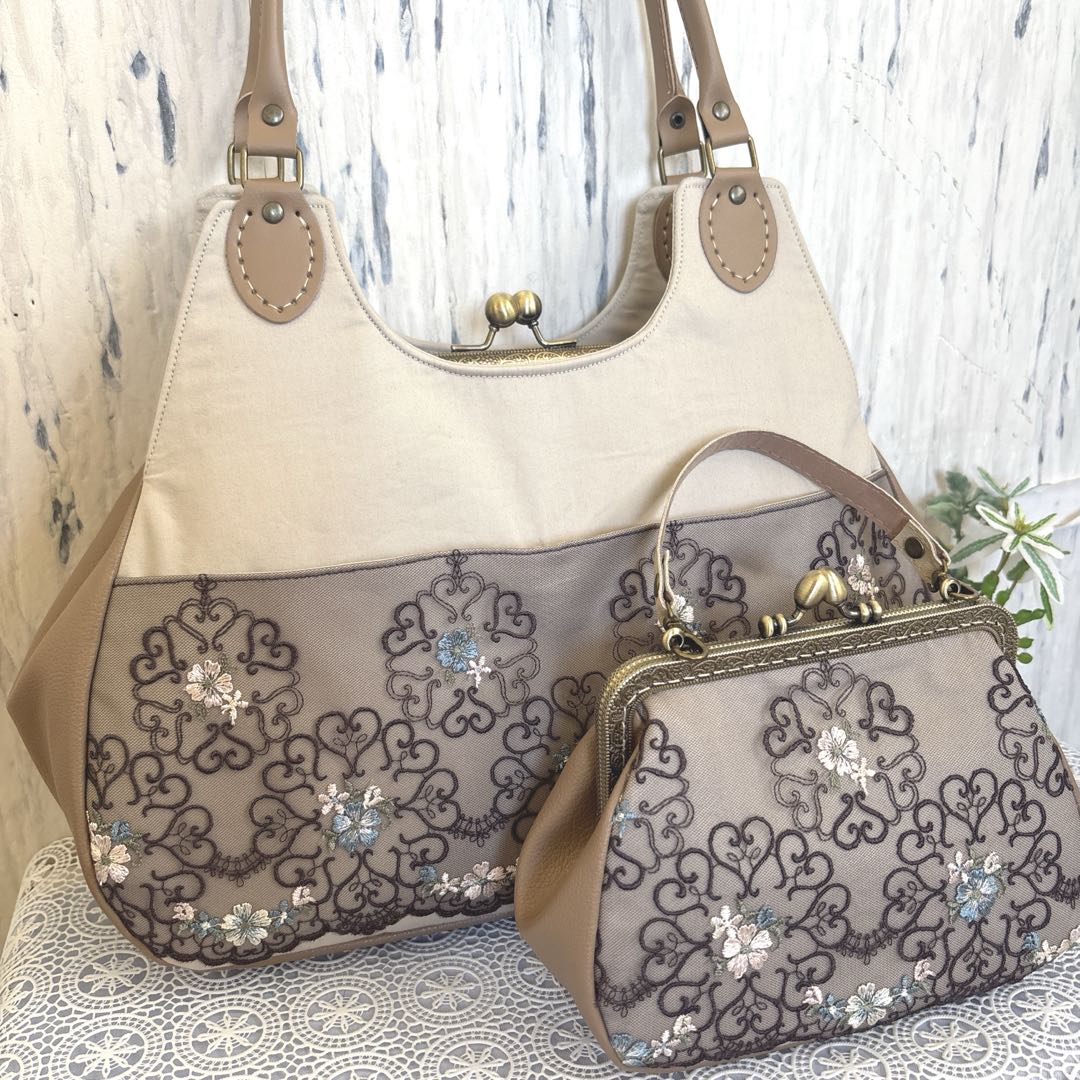 あおりがま口バッグ&がま口ポーチセット　アンティーク花柄レース　ハンドメイド