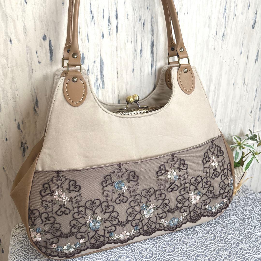 あおりがま口バッグ&がま口ポーチセット　アンティーク花柄レース　ハンドメイド