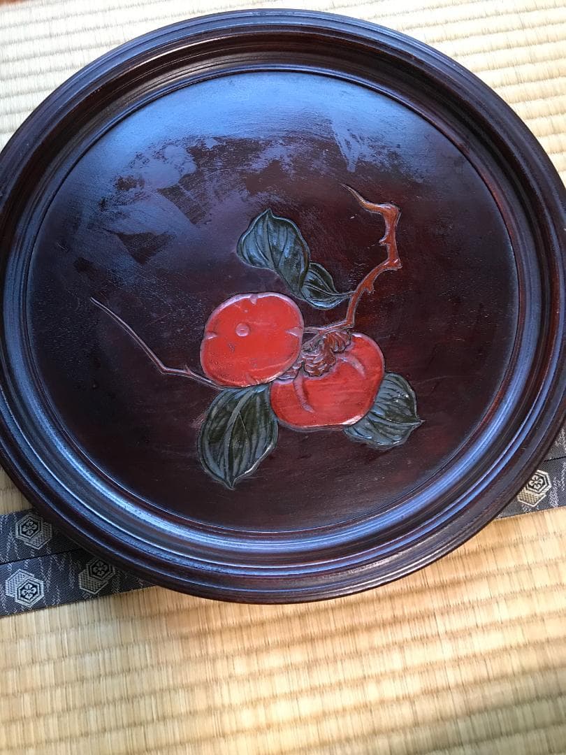 彫抜色絵絵替丸盆 二箱十客　菓子皿 漆器 漆芸 銘々皿 丸盆　盆　骨董品