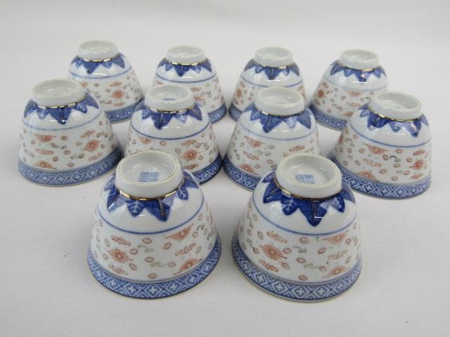 Y5-1210-② ◇景徳鎮製 ホタル手 蛍茶碗 金彩色絵青華文 10客◇