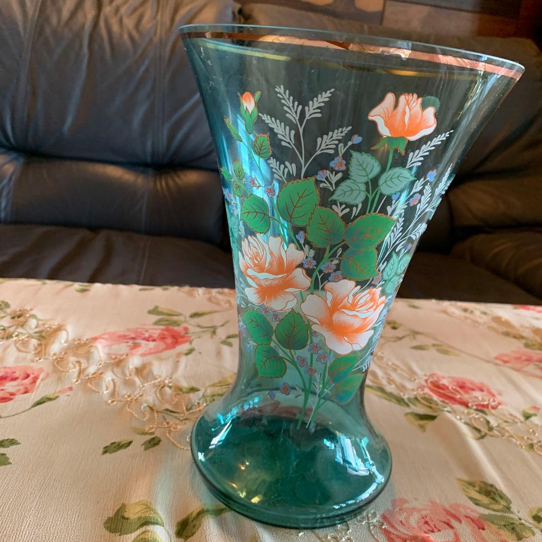 ブルー　ボヘミア花瓶　薔薇　大