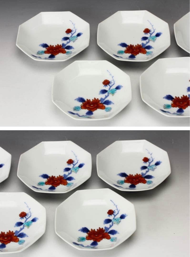 【極レア】十一代 今泉今右衛門 錦桐絵酒器揃 錦牡丹絵小皿 五客 共箱